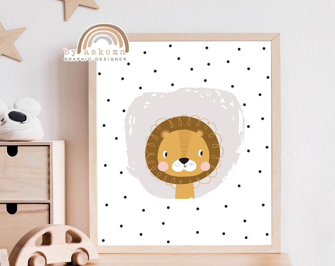 Cute Lion Nursery Wall Decor Poster with Gray Splash Polka Dots