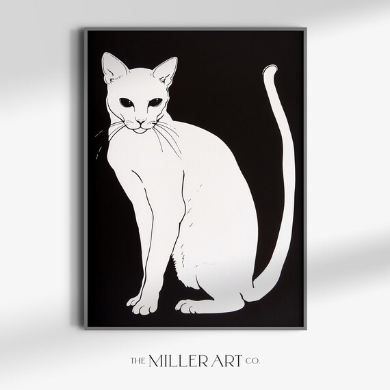 Minimalist White Cat on Black Scandinavian Monochrome Wall Art