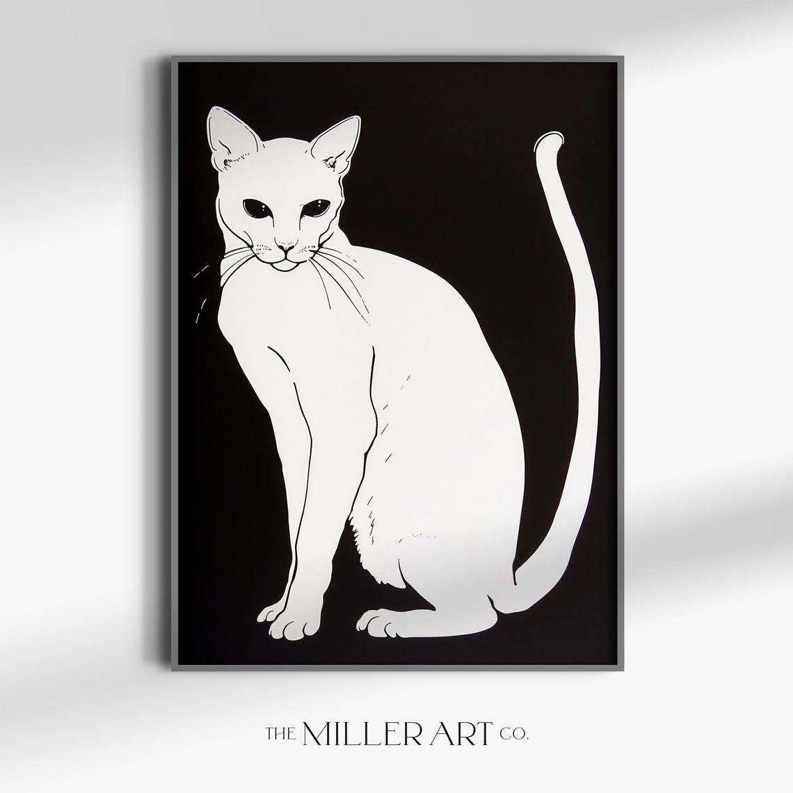 Minimalist White Cat on Black Scandinavian Monochrome Wall Art