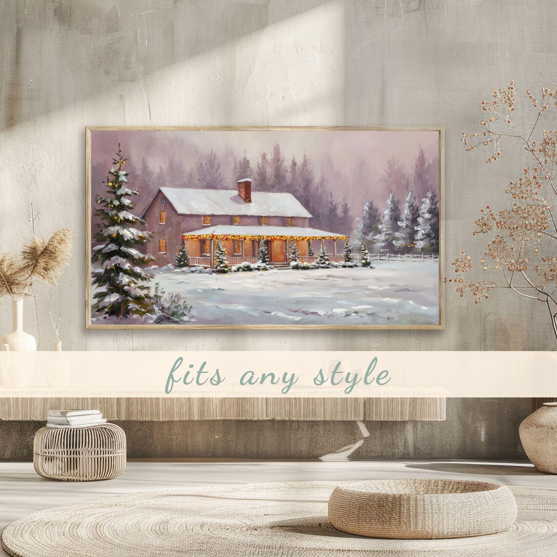 Farmhouse Porch Wrapped In Christmas Lights Snowy Night Vintage Poster - Image 3
