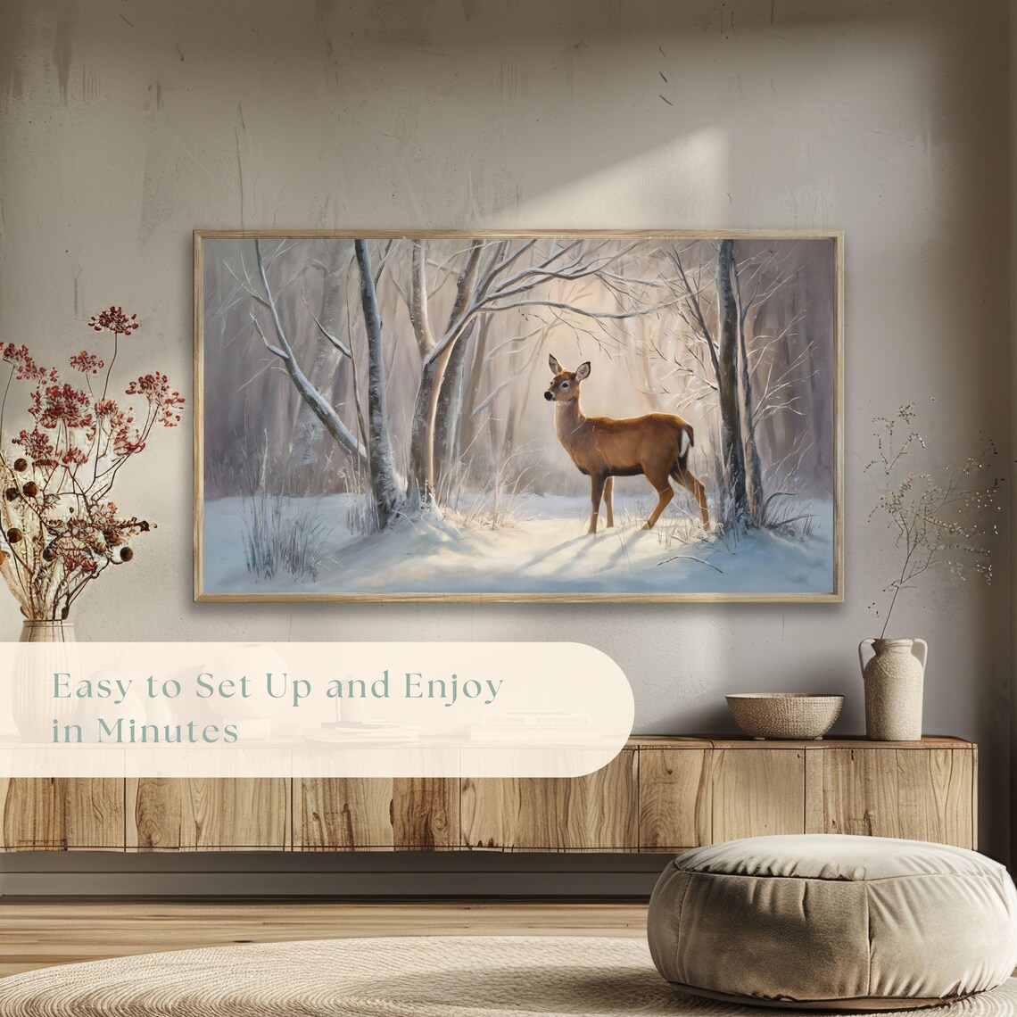 White Tailed Doe Snowy Birch Forest Morning Light Vintage Painting Poster - Image 5