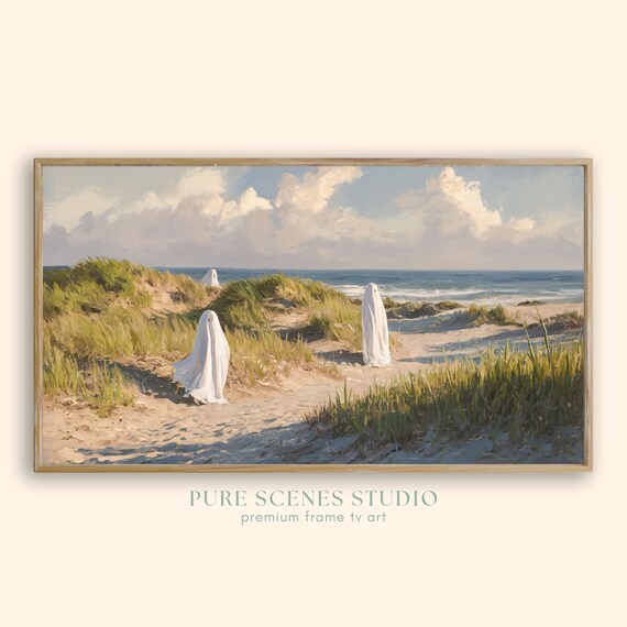 Sheet Ghosts Wandering Coastal Dunes by the Ocean Halloween Poster