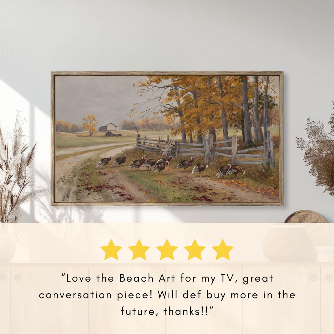 Wild Turkeys Crossing Country Road By Wooden Fence Autumn Farm Poster - Image 2