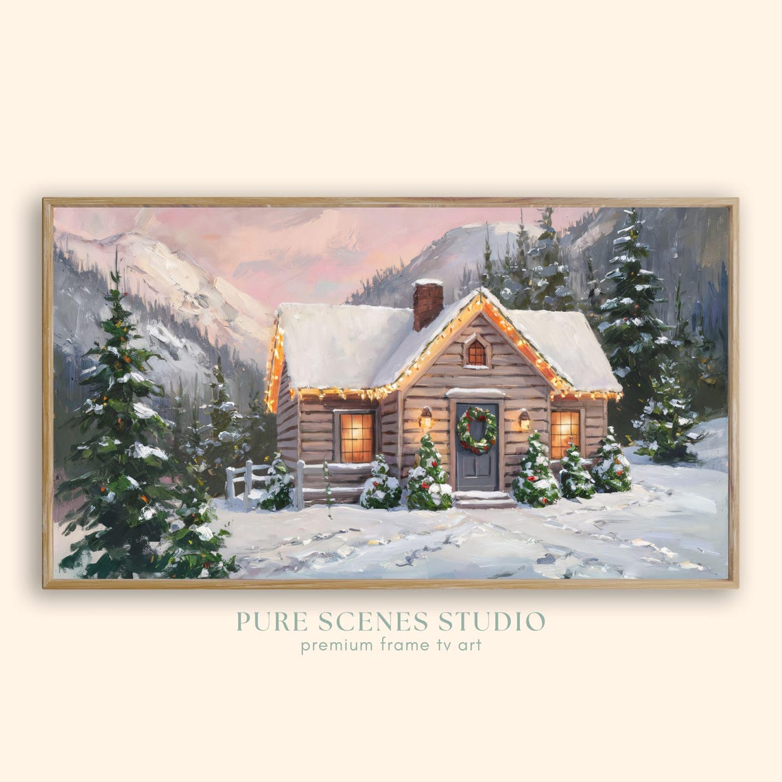 Snowy Cabin with Christmas Lights Cozy Mountain Winter Poster