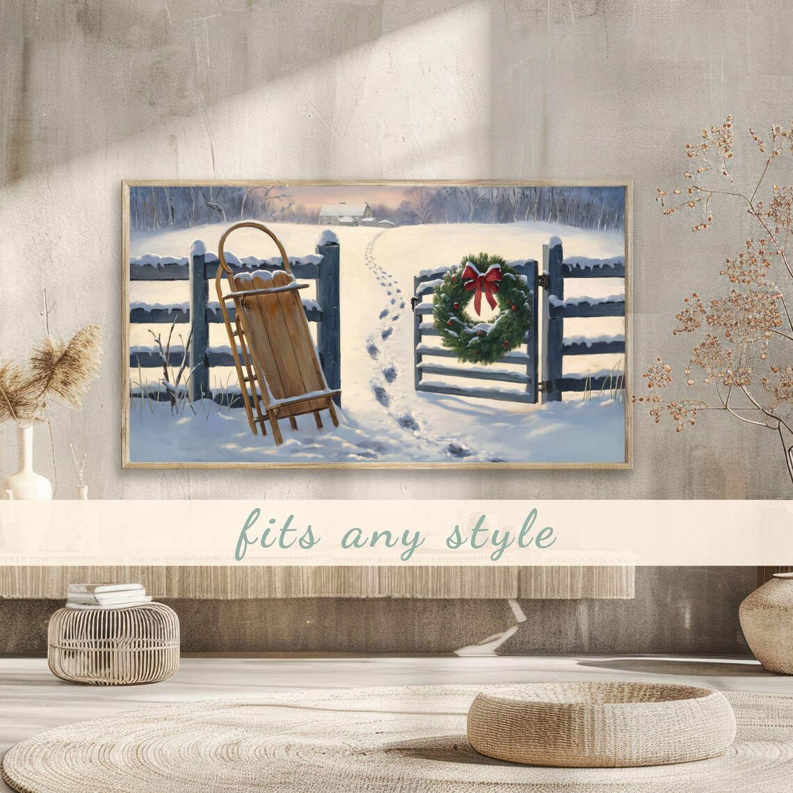 Vintage Wooden Sled Snowy Fence Wreath Winter Painting Poster - Image 3