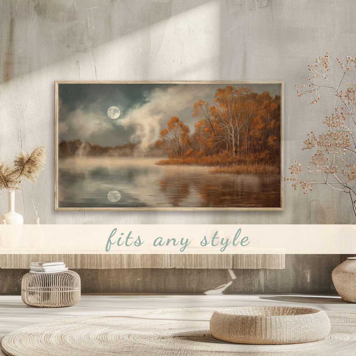 Full Moon Over Quiet Autumn Lake Night Landscape Reflection Poster - Image 3