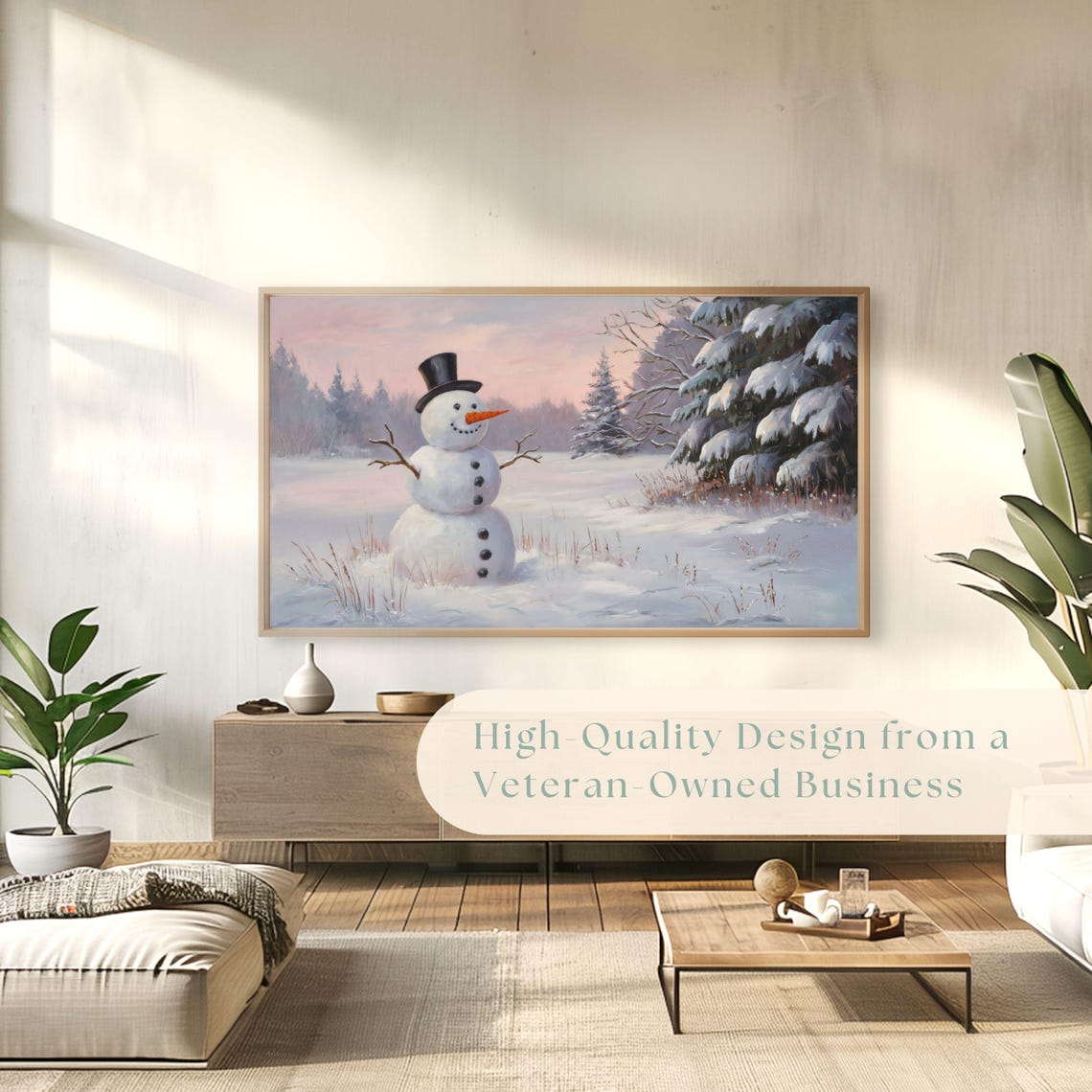 Snowman Top Hat Pink Dusk Snowy Winter Forest Painting Poster - Image 4