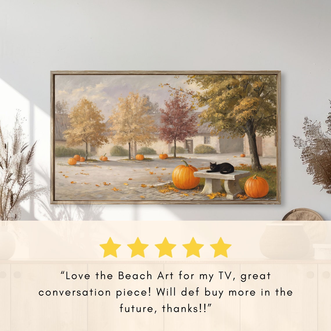 Autumn Village Square with Pumpkins and Black Cat Vintage Poster - Image 2