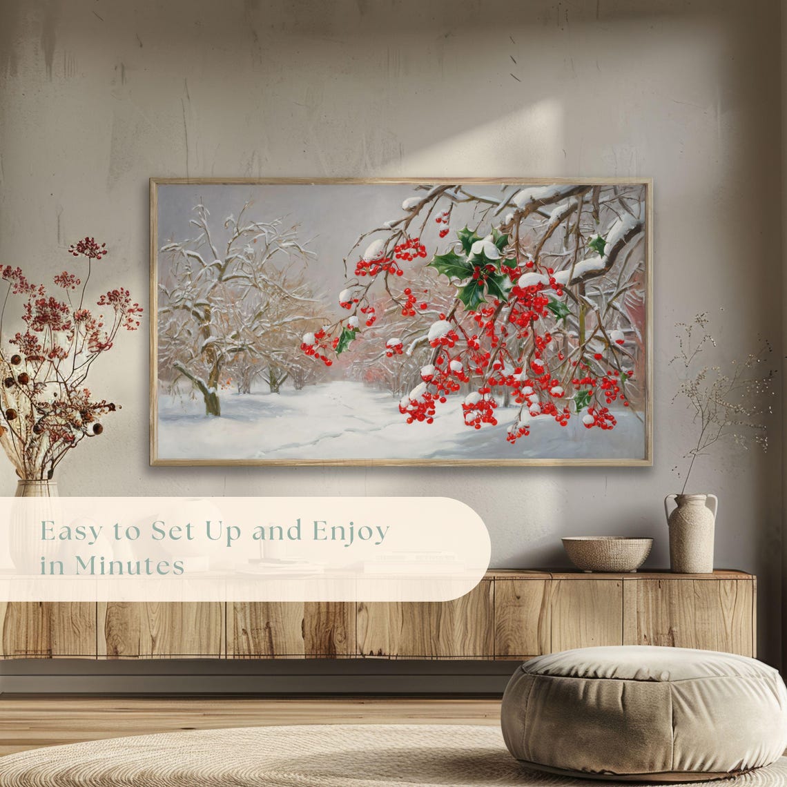 Red Winter Berries On Snow Covered Branches Vintage Botanical Poster - Image 5