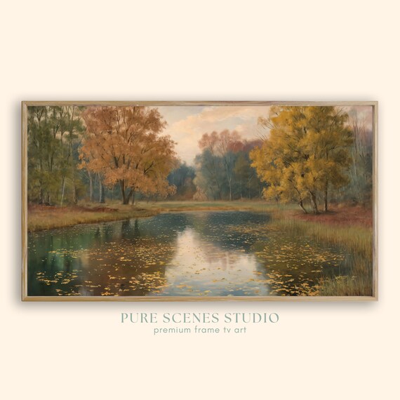 Tranquil Pond with Autumn Reflections and Floating Leaves Poster