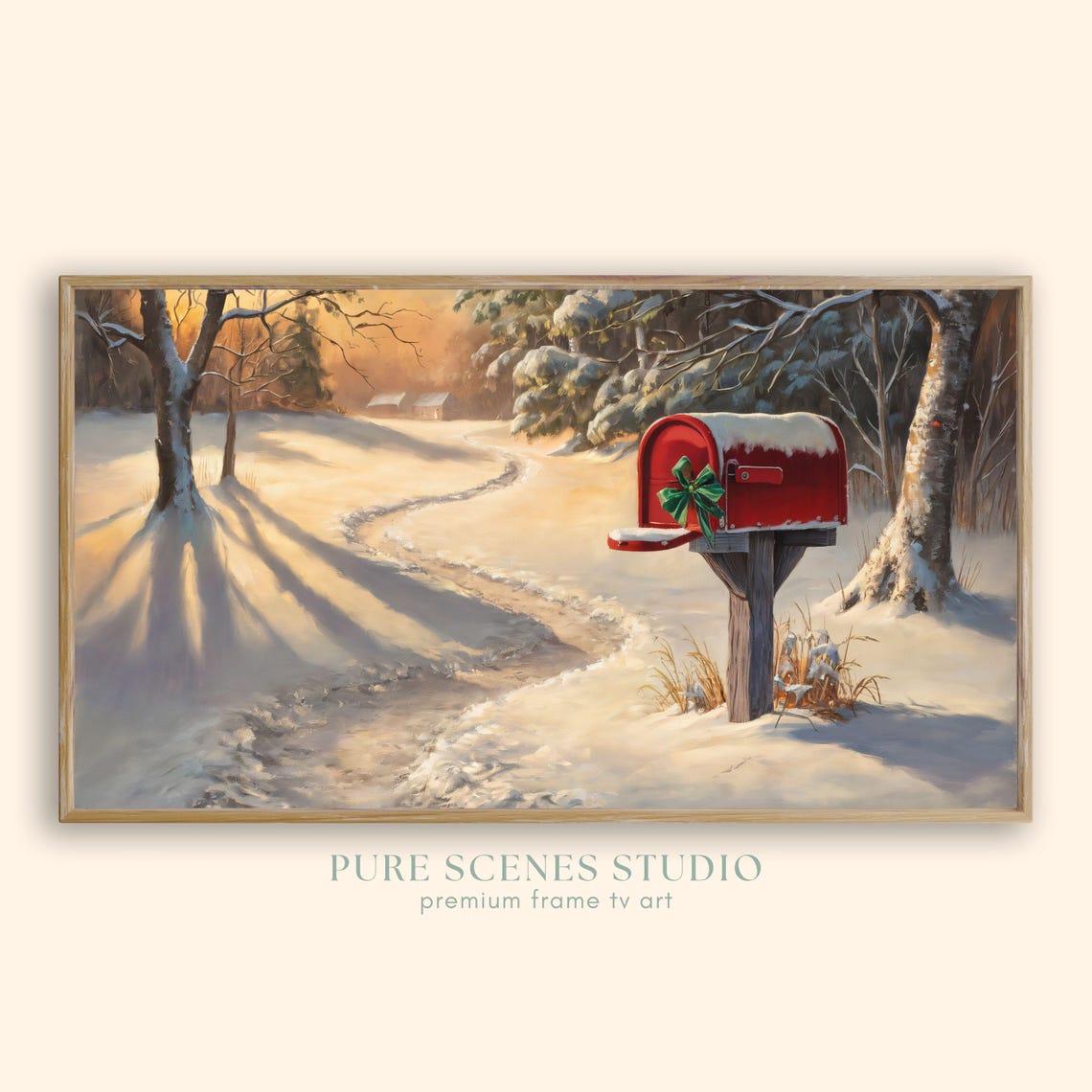 Red Mailbox Green Bow Snowy Woods Golden Light Painting Poster