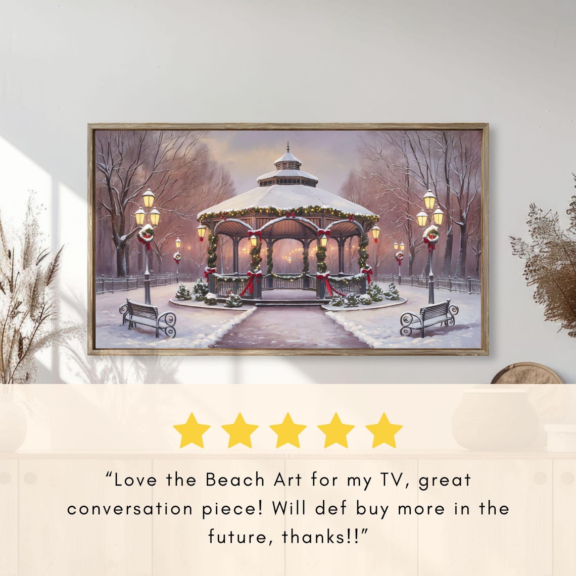Snow Covered Victorian Park Gazebo Christmas Eve Night Scene Poster - Image 2