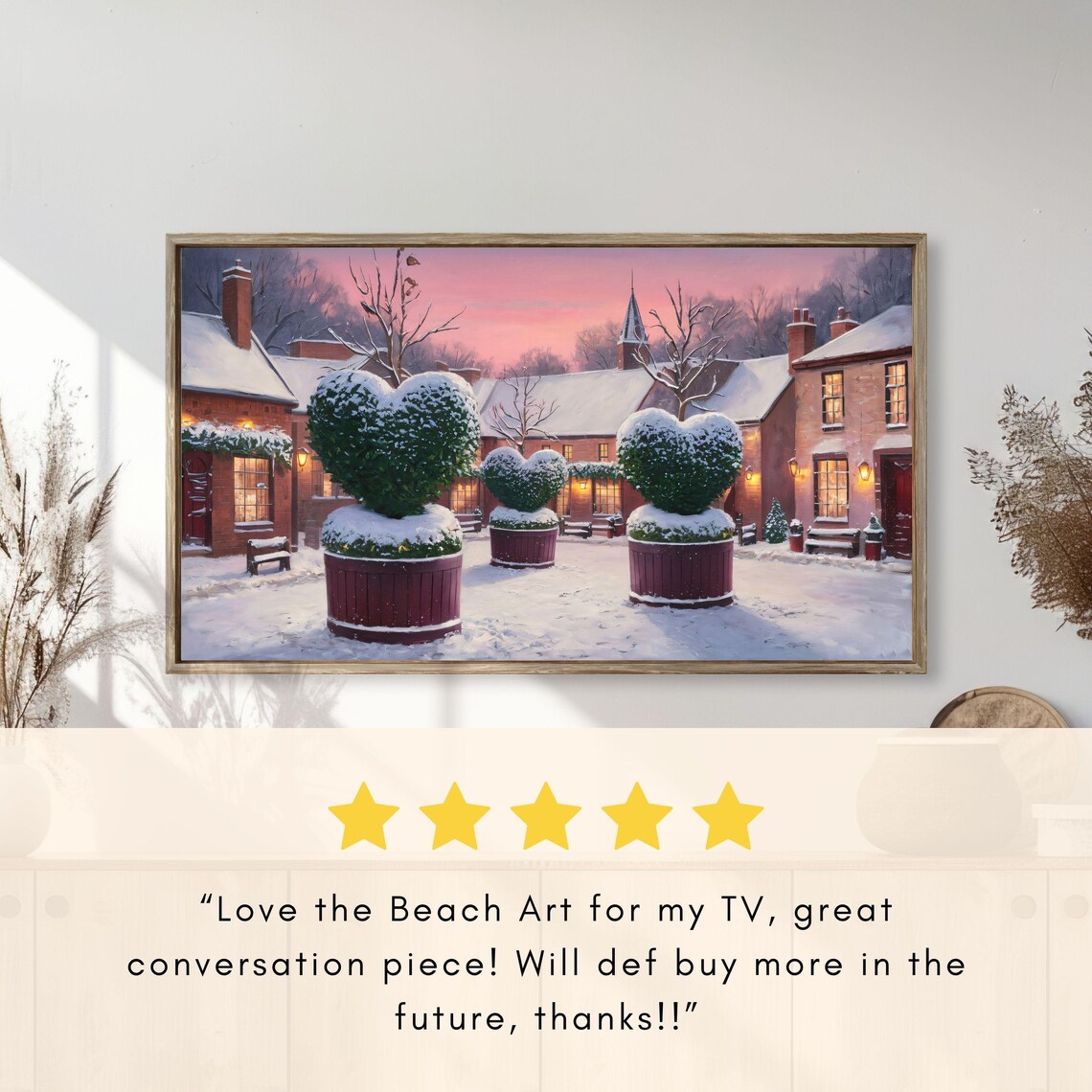 Snowy Village Heart Topiaries Pink Dusk Winter Painting Poster - Image 2