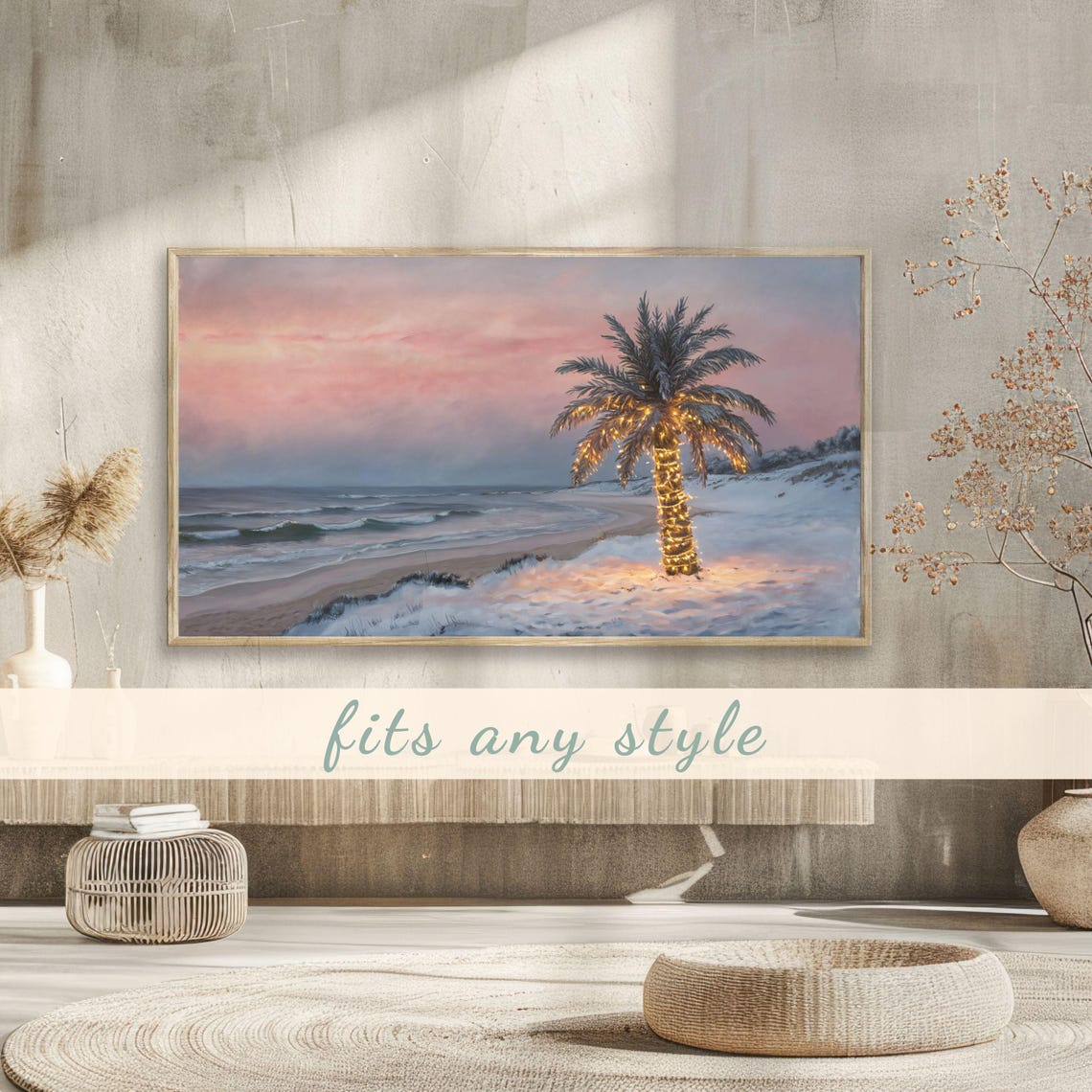 Palm Tree Fairy Lights Snowy Beach Christmas Sunset Holiday Poster - Image 3