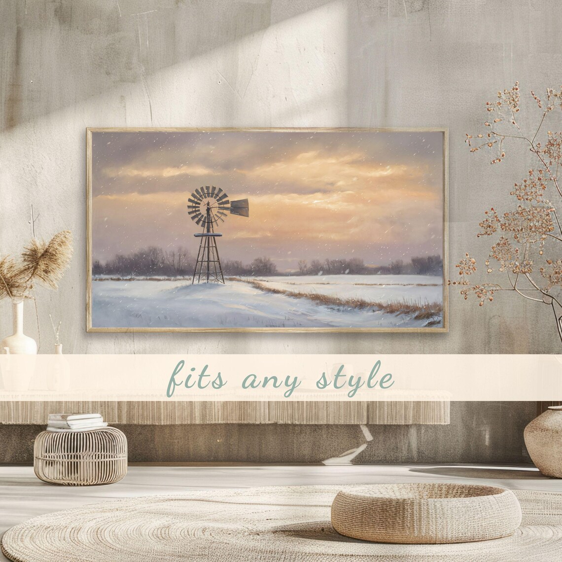 Snowy Prairie Windmill Golden Sunset Winter Countryside Painting Poster - Image 3