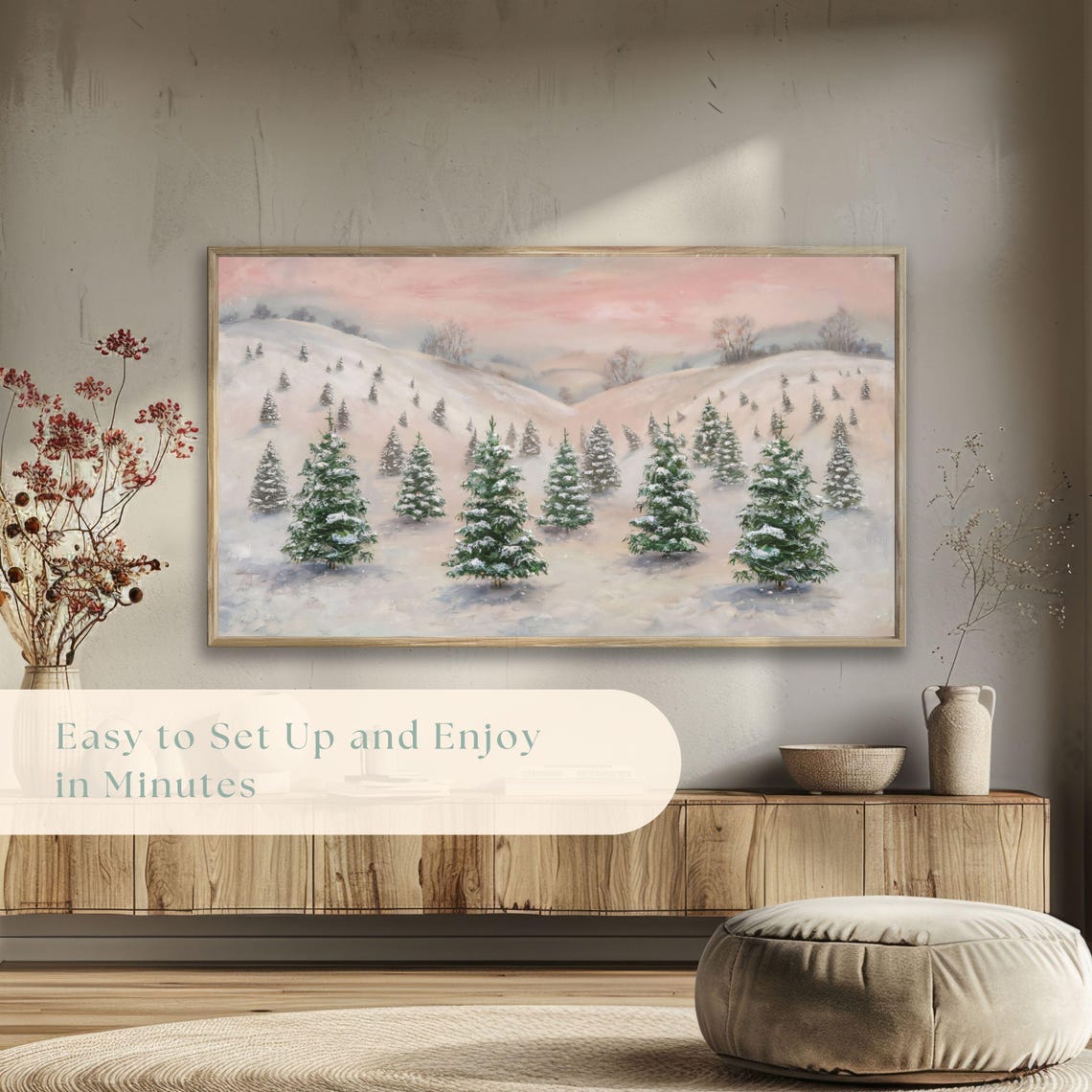 Snowy Hillside with Christmas Trees Pastel Pink Winter Poster - Image 5