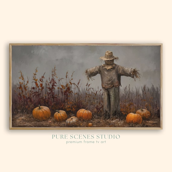 Moody Scarecrow in Autumn Pumpkin Field Under Gray Sky Poster