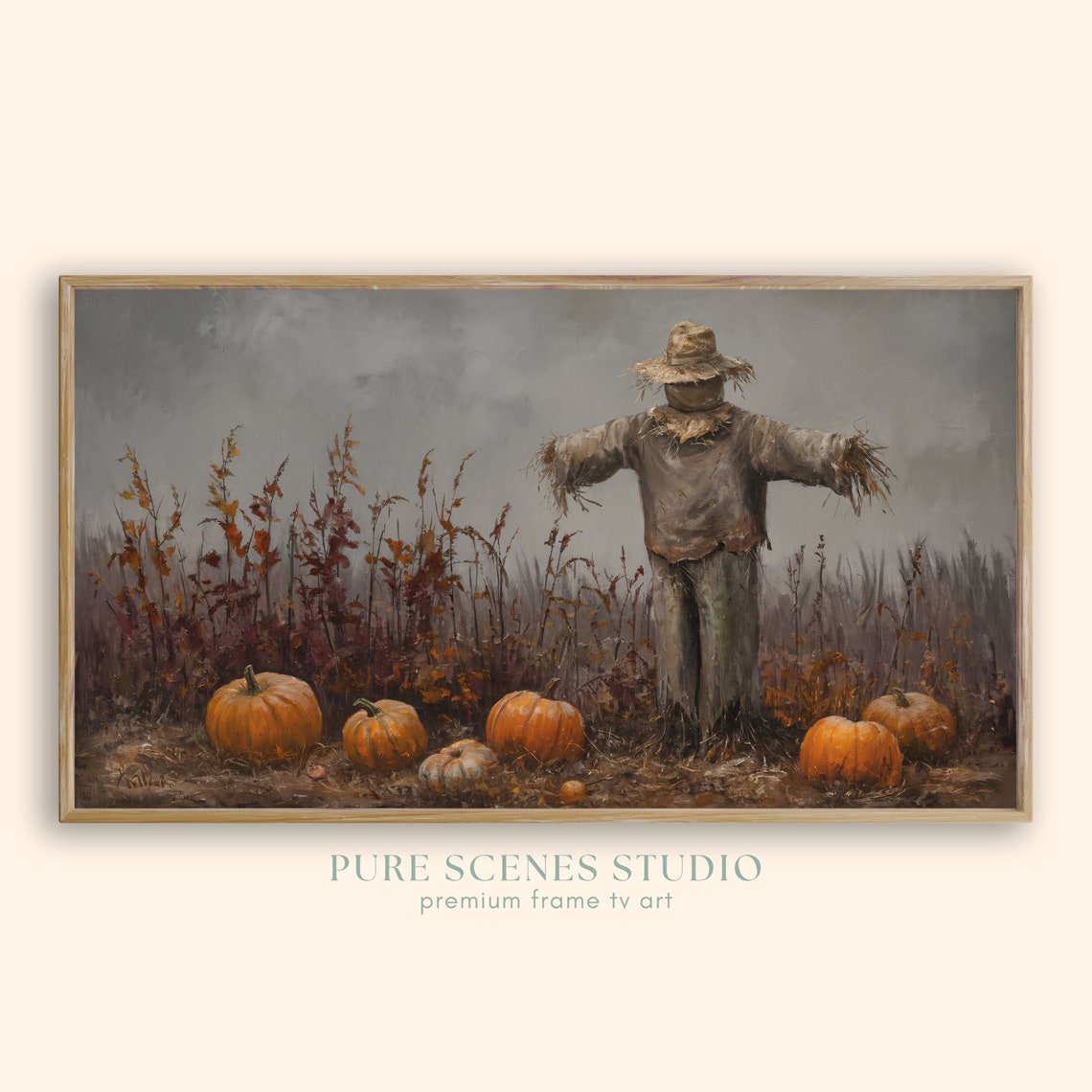 Moody Scarecrow in Autumn Pumpkin Field Under Gray Sky Poster