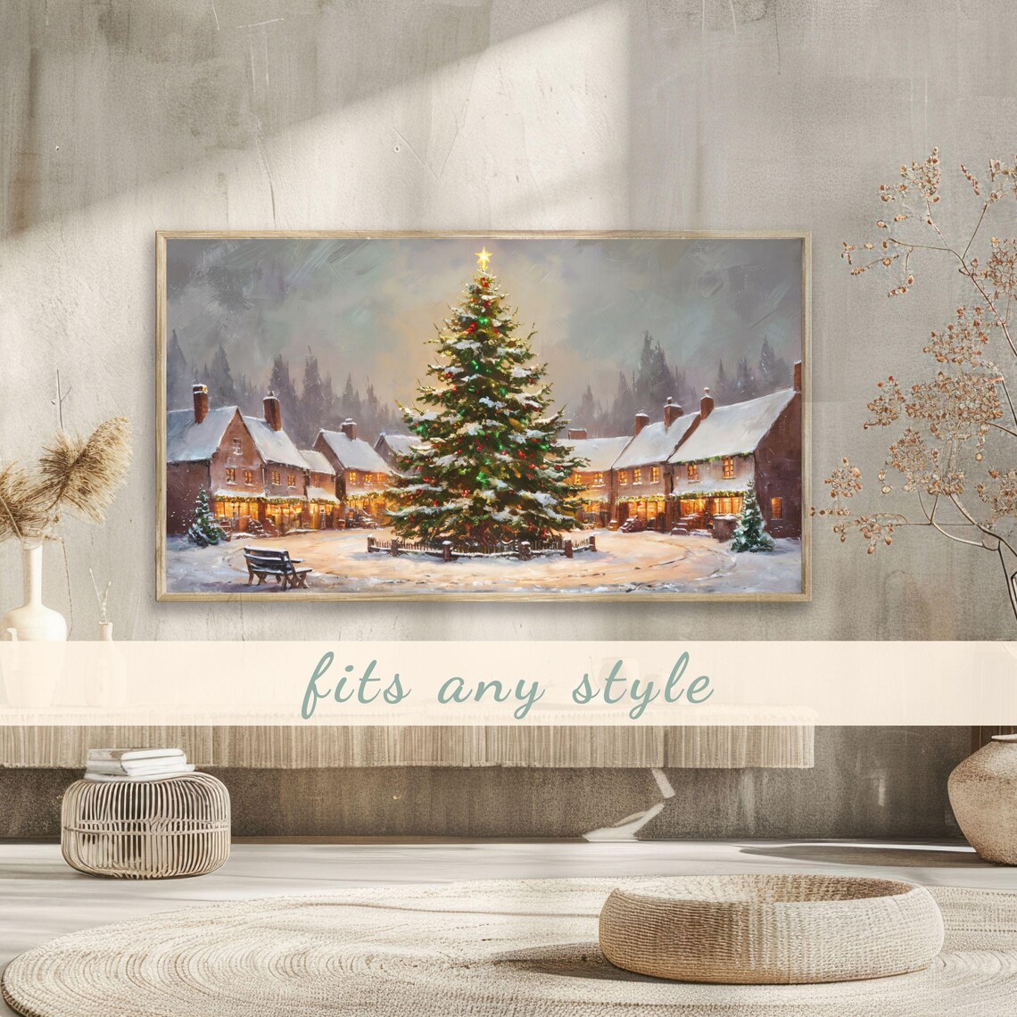 Village Square Christmas Tree Star Topper Snowy Cottages Night Poster - Image 3