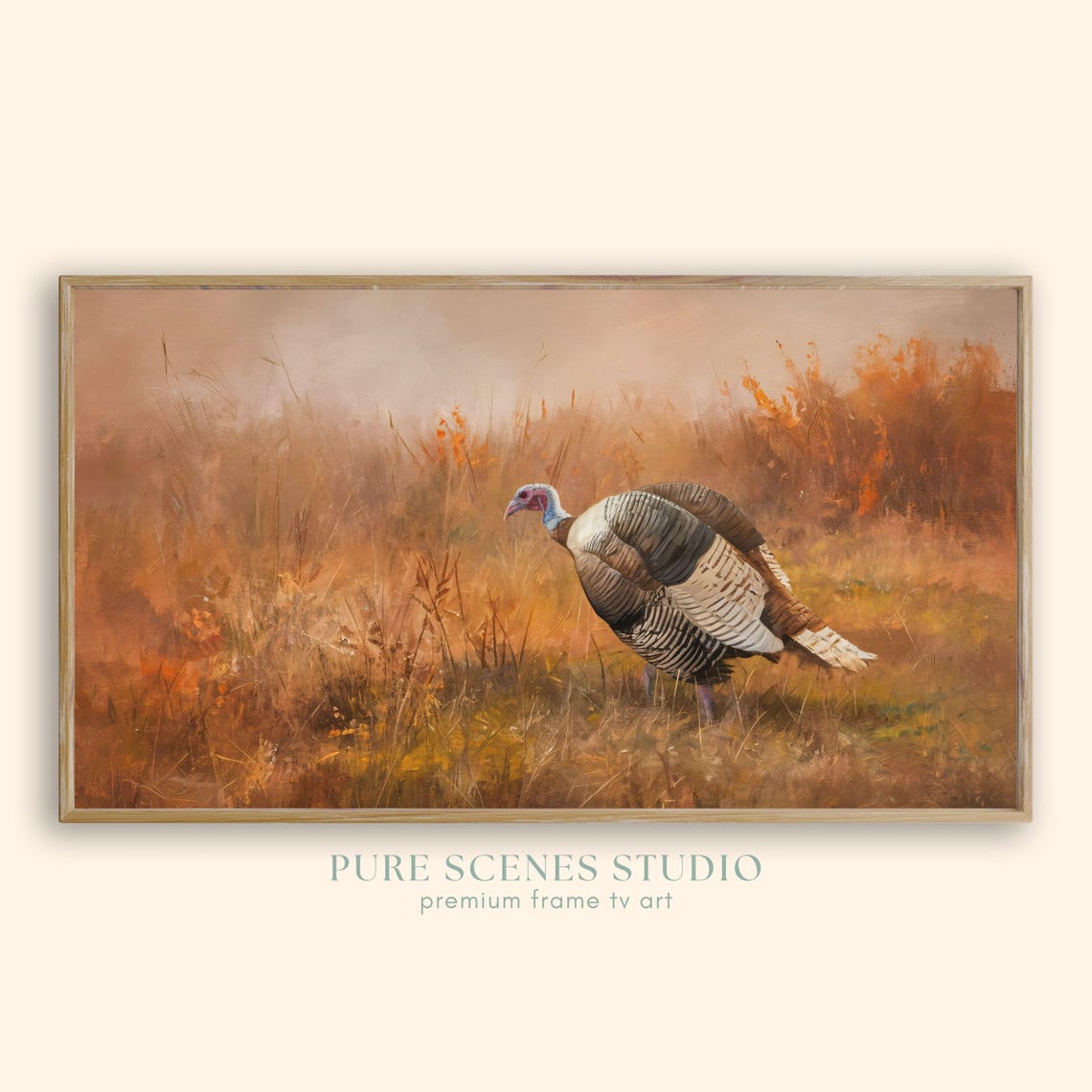 Wild Turkey Walking Through Misty Autumn Grass Field Scene Poster