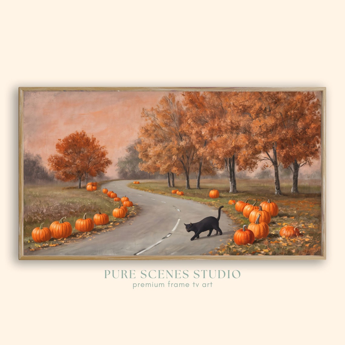 Pumpkin Patch Road with Black Cat Vintage Autumn Landscape Poster
