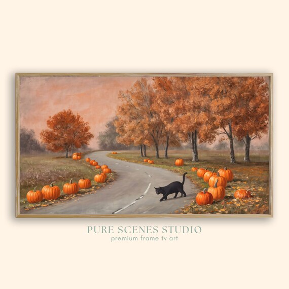 Pumpkin Patch Road with Black Cat Vintage Autumn Landscape Poster