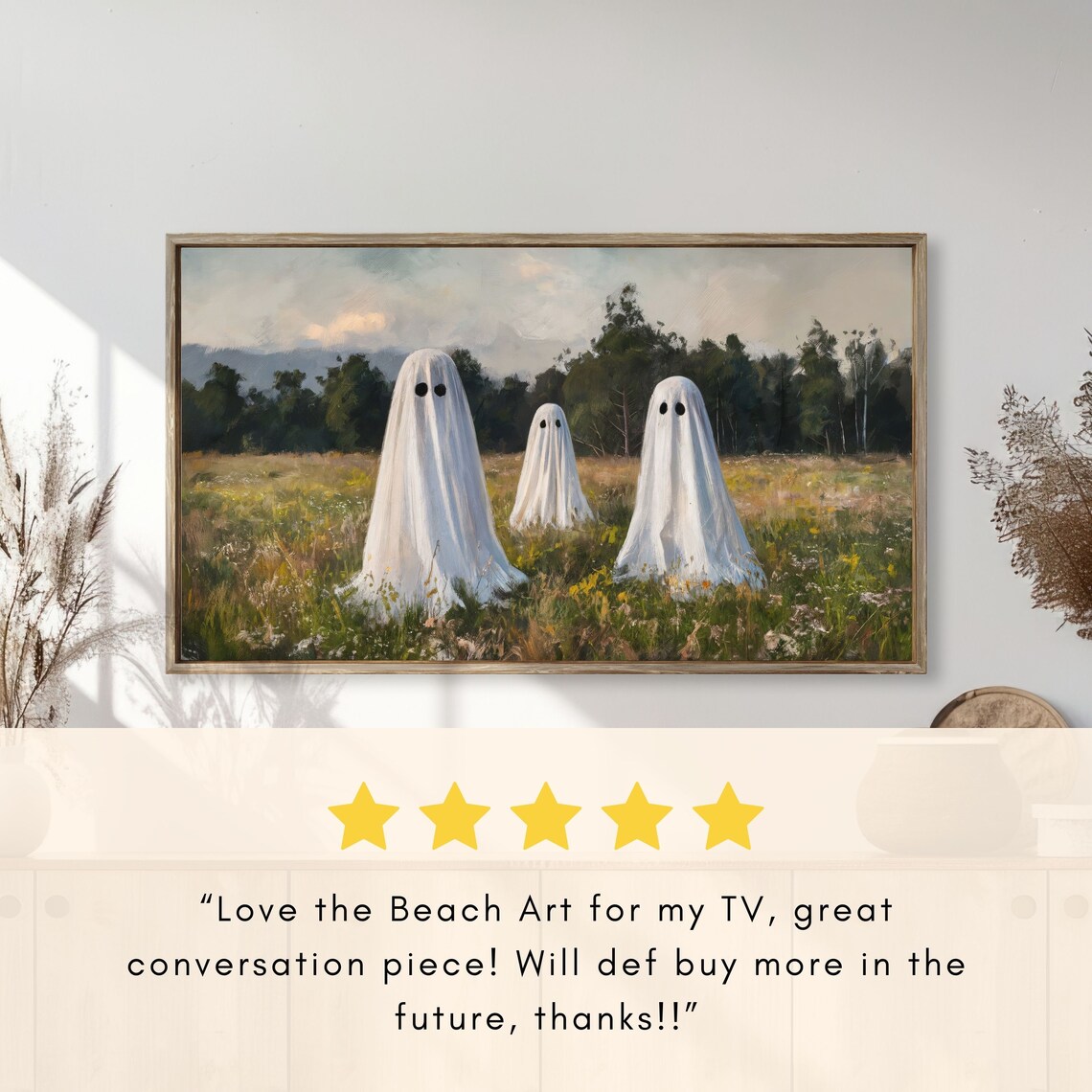 Three Friendly Sheet Ghosts Standing In Sunny Meadow Vintage Painting Poster - Image 2
