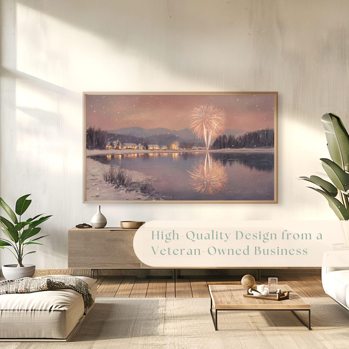Snowy Lake Fireworks Reflection Village Winter Painting Poster - Image 4