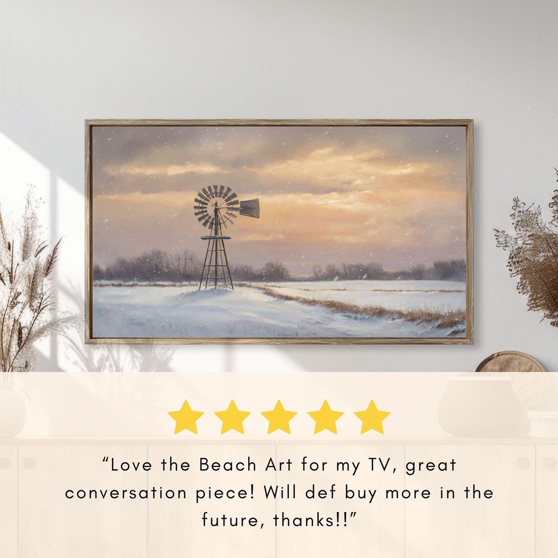 Snowy Prairie Windmill Golden Sunset Winter Countryside Painting Poster - Image 2