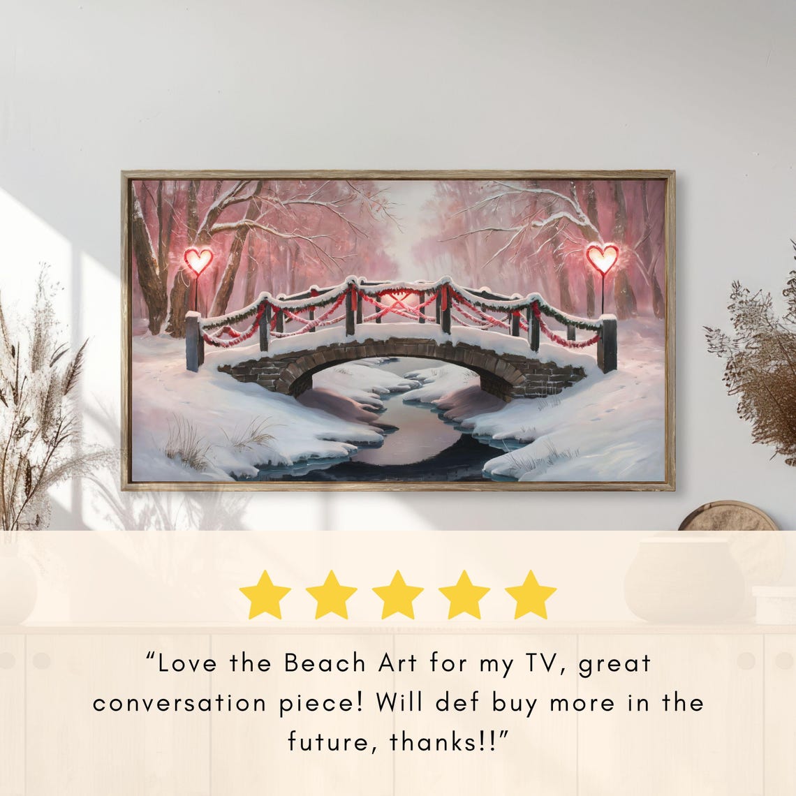 Snowy Stone Bridge Heart Lights Romantic Winter Painting Poster - Image 2