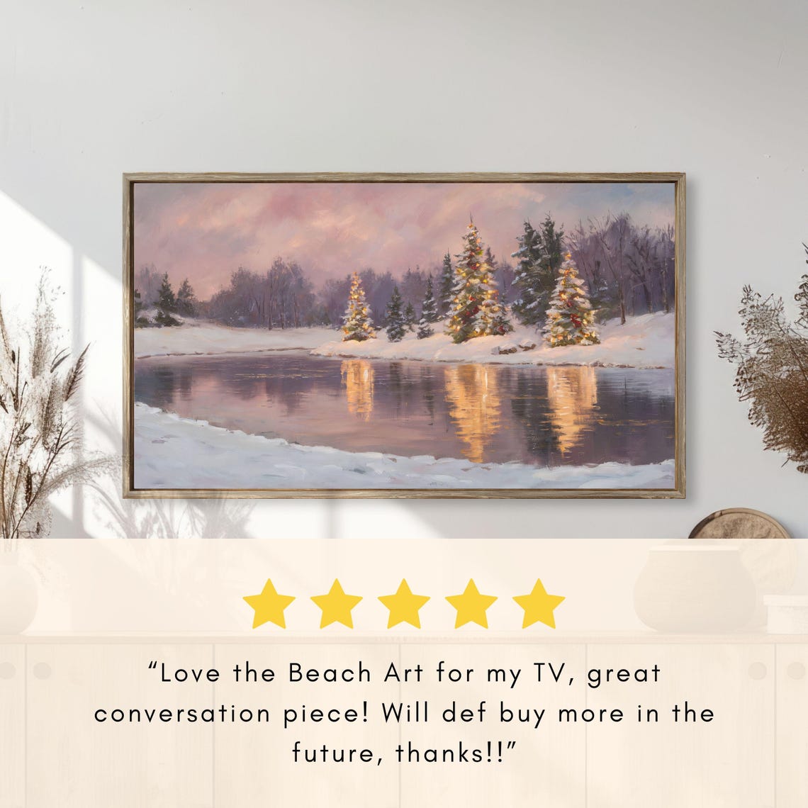 Lit Christmas Trees Reflected In Frozen Lake Pink Dusk Holiday Poster - Image 2