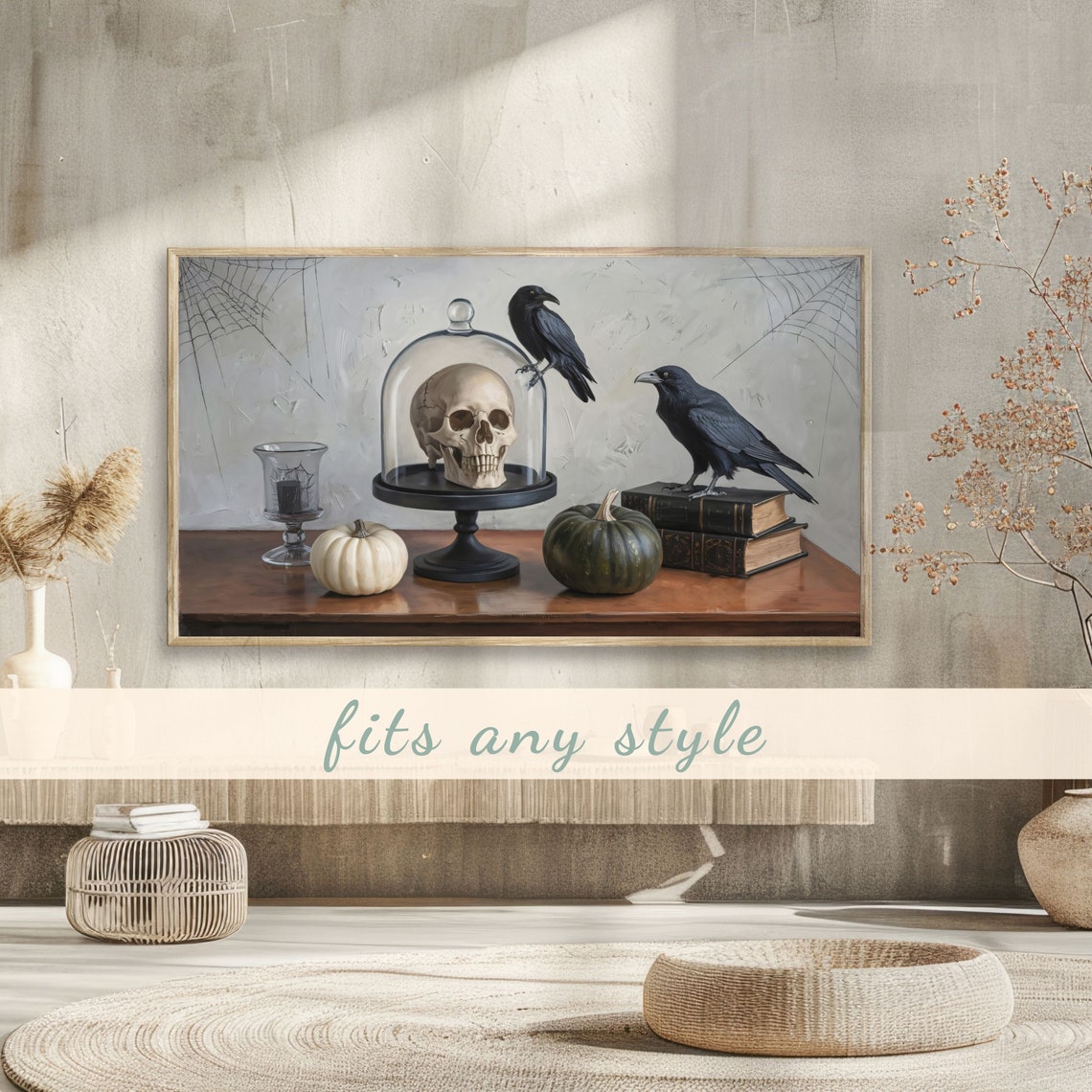 Eerie Halloween Still Life Skull Under Glass Crows and Books Poster - Image 3
