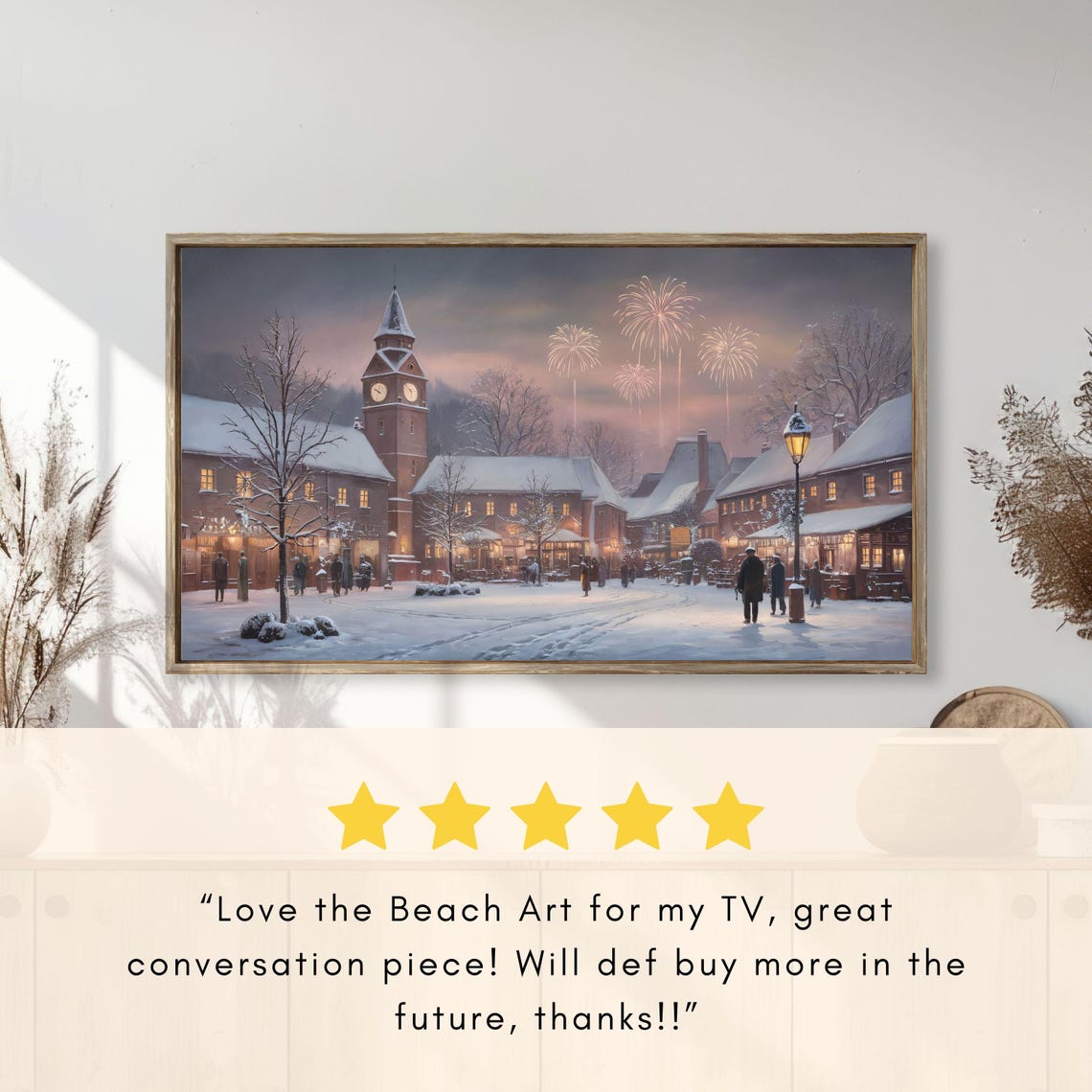 Snowy Village Square Clock Tower Fireworks Night Painting Poster - Image 2