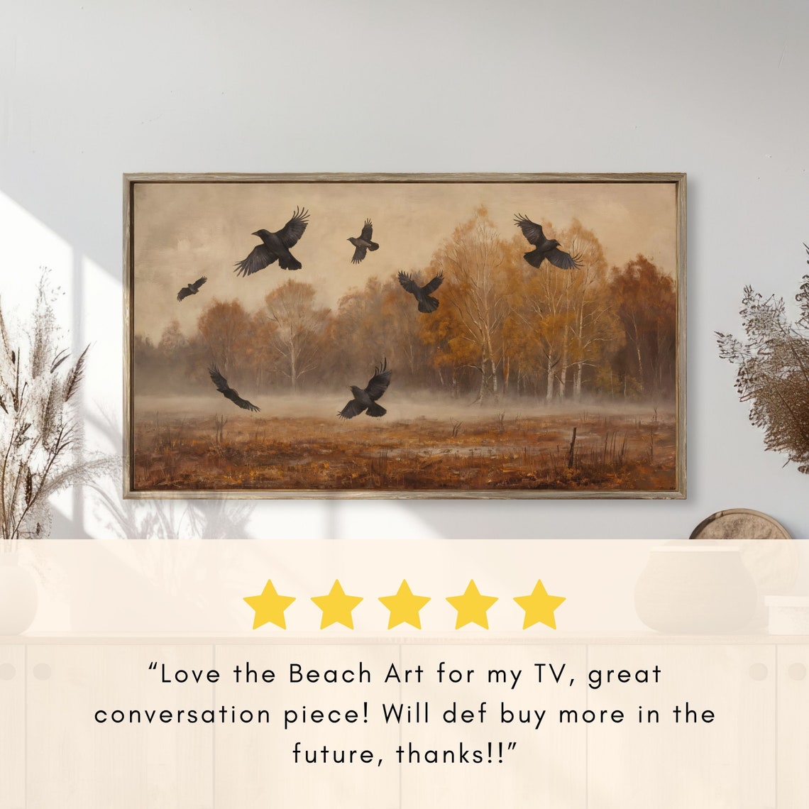 Crows Flying Over Moody Autumn Field Misty Vintage Landscape Poster - Image 2