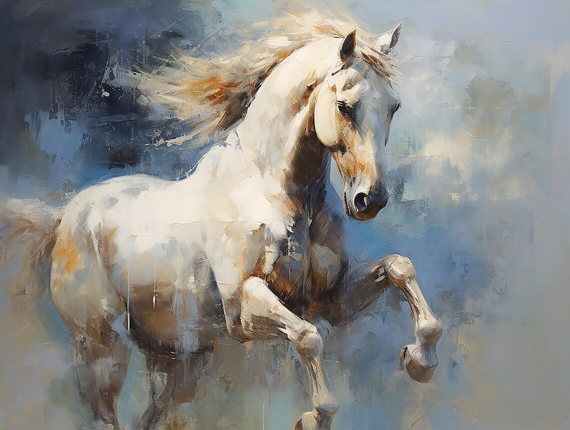 Majestic White Stallion Oil Painting, Equine Abstract - Image 2