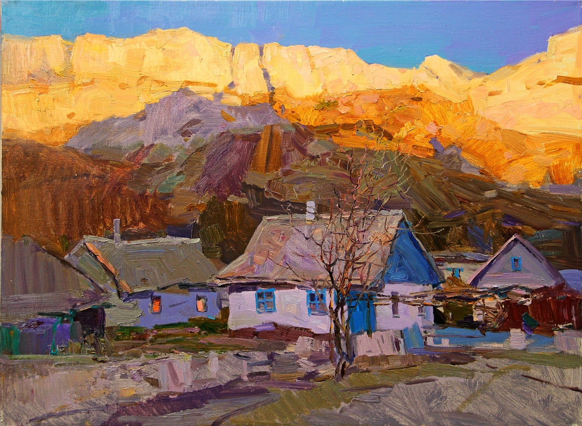 Evening Mountain View Oil Painting On Impressionistic Art Cozy Village Sunset - Image 3