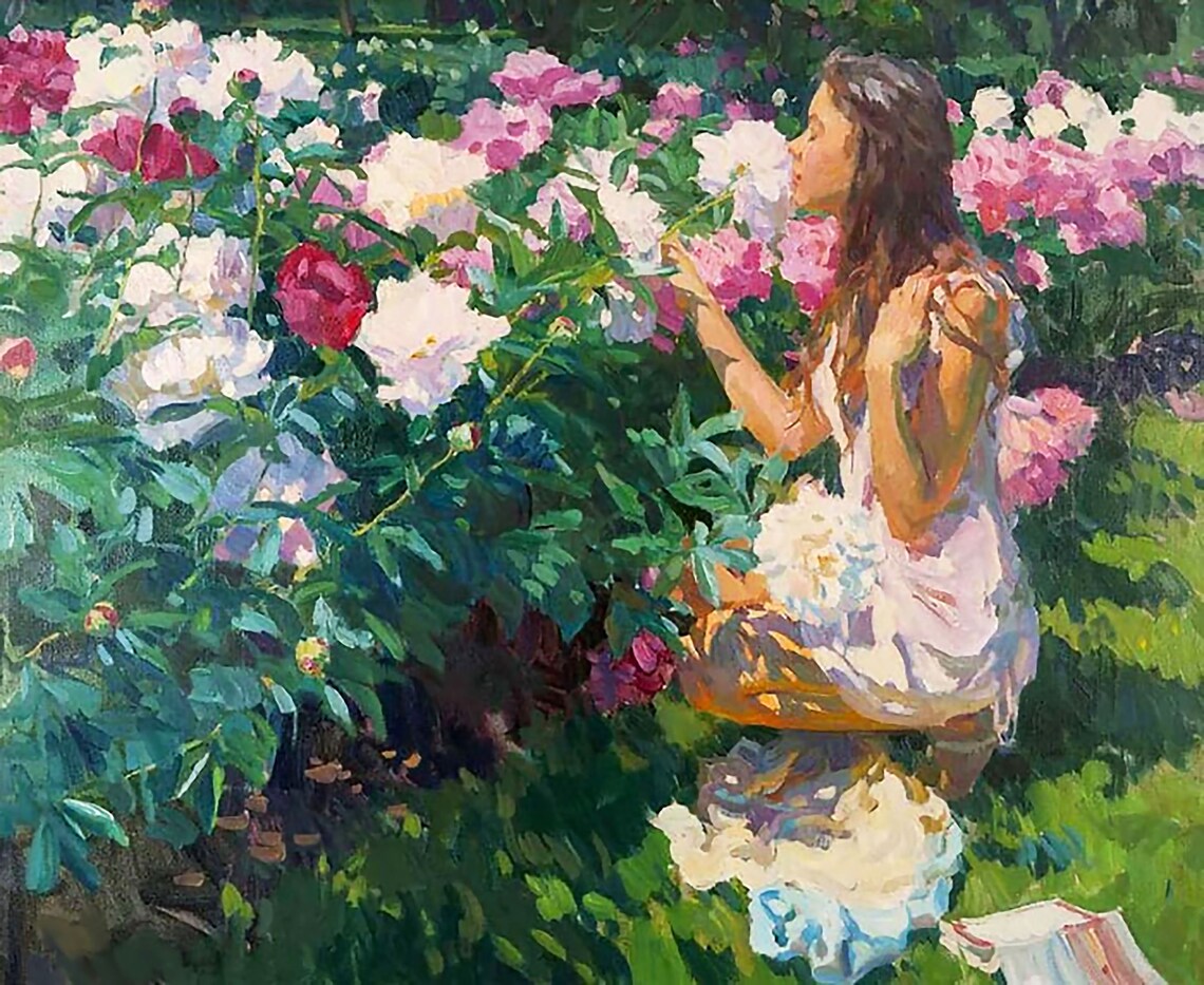Impressionistic Oil Painting, Sunny Spring Peonies - Image 2