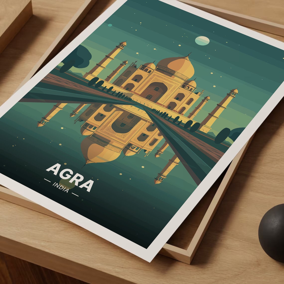 Agra India Taj Mahal Moonlit Reflection Gardens Landmark Travel Poster - Image 3