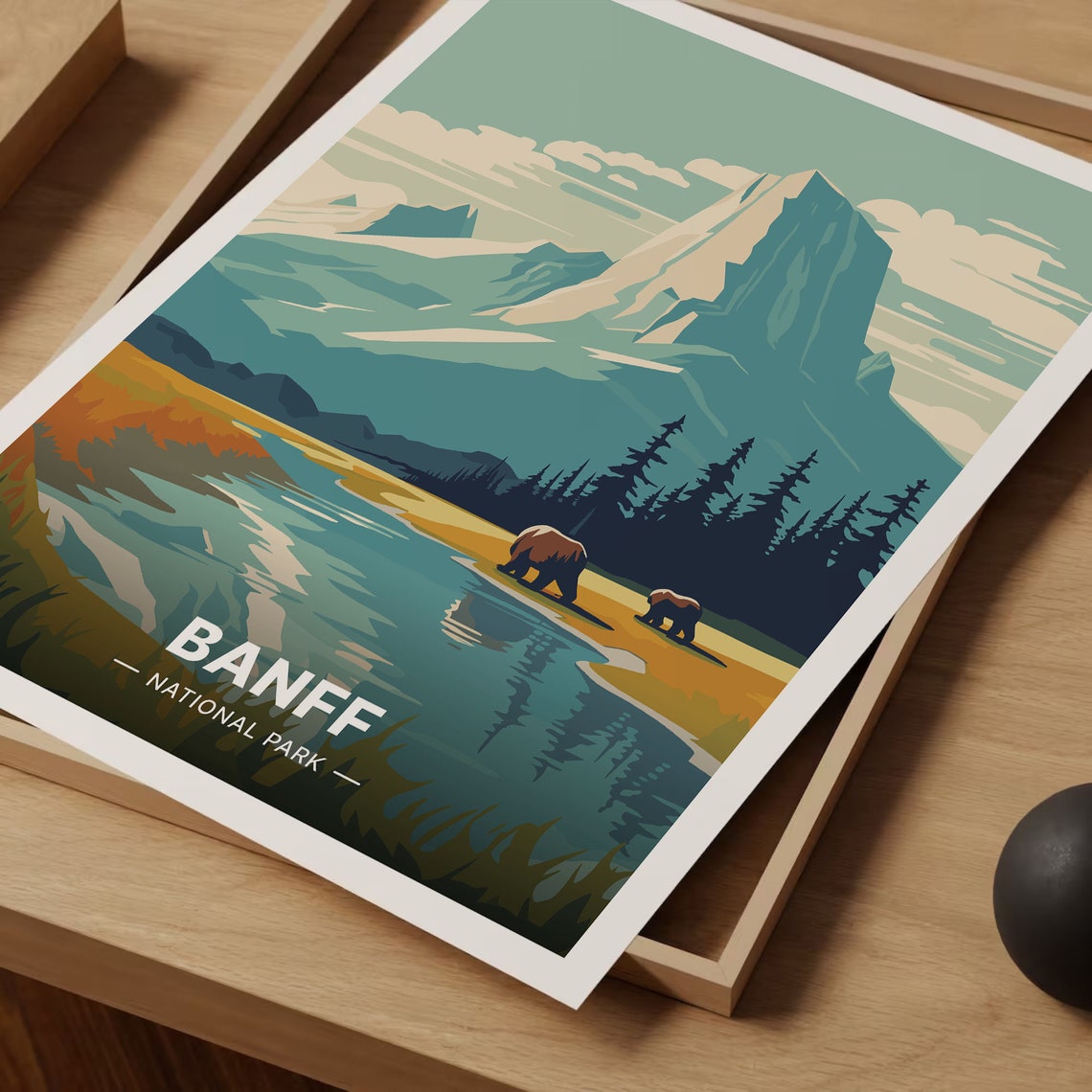 Banff National Park Travel Poster Mountain Lake Bear Wildlife Art - Image 3