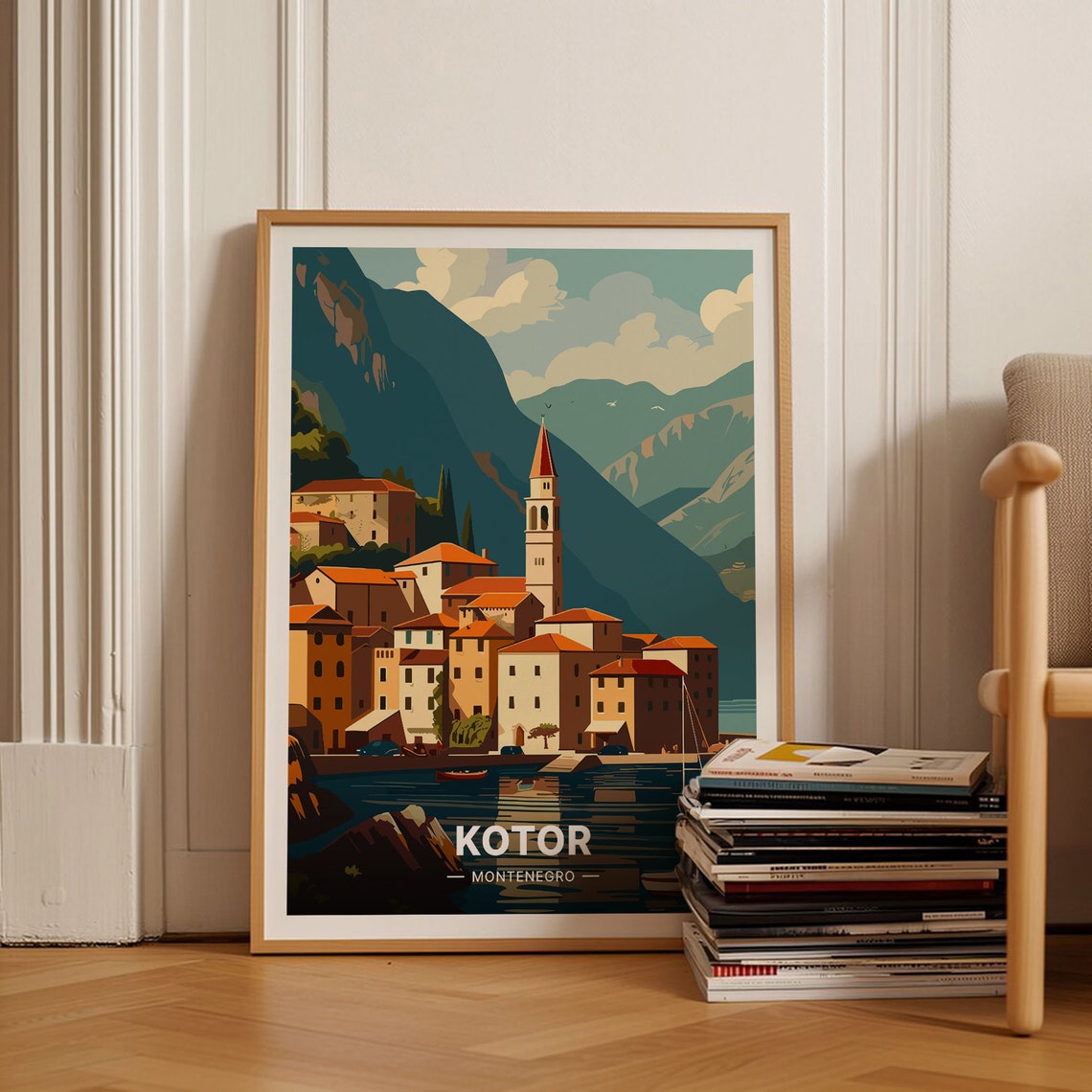 Kotor Montenegro Old Town Bay Mountain Waterfront Travel Poster