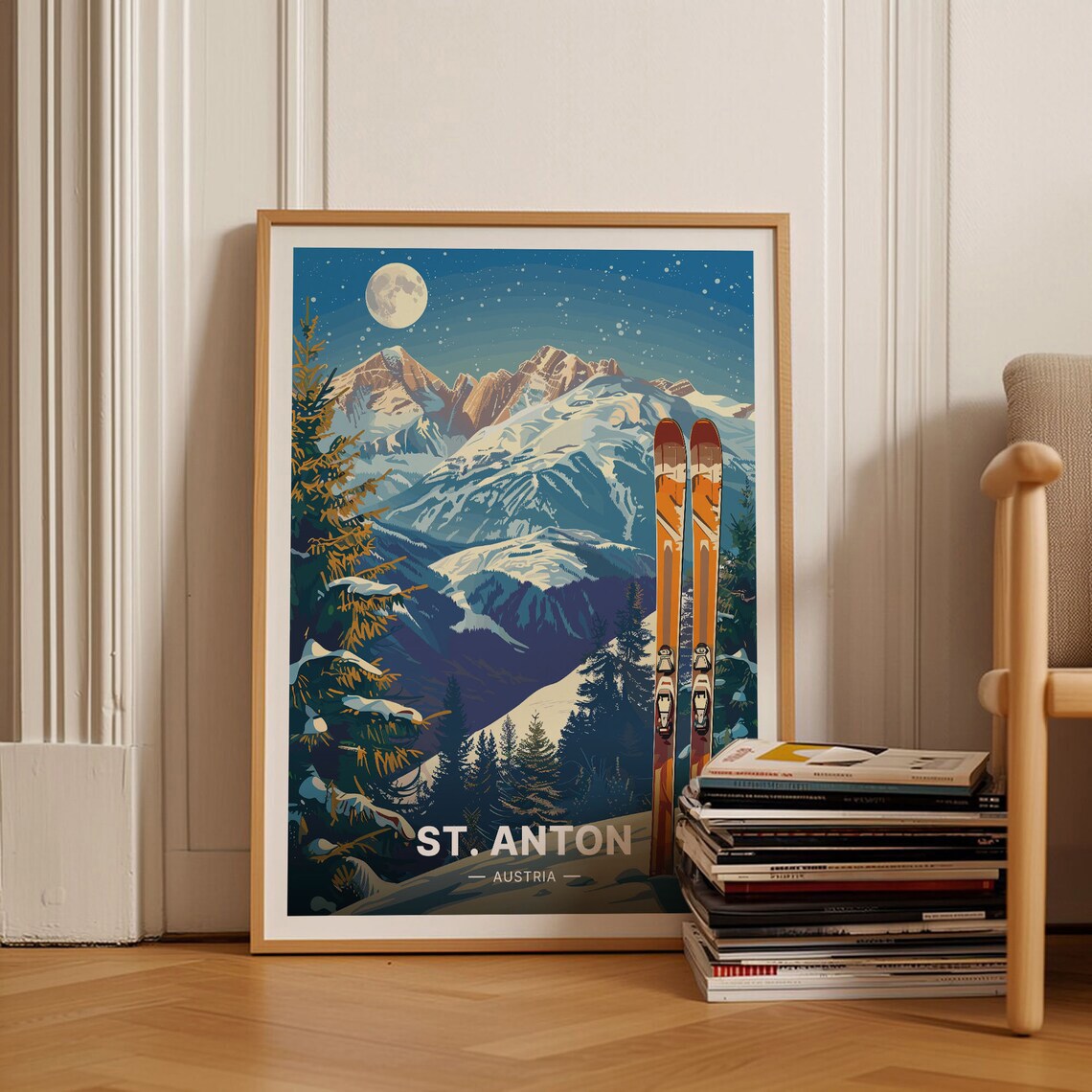 St Anton Austria Ski Resort Vintage Travel Poster Moonlit Mountain Peaks