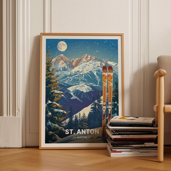 St Anton Austria Ski Resort Vintage Travel Poster Moonlit Mountain Peaks
