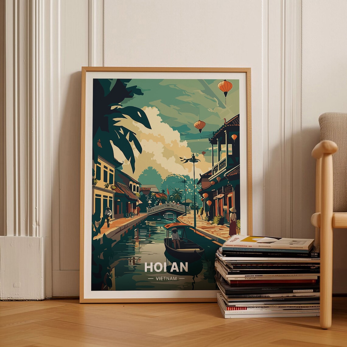 Hoi An Vintage Style Travel Poster, Vietnam Landscape