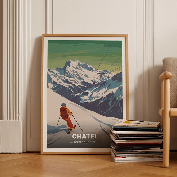 French Alps Ski Resort Travel Poster, Retro Ski Decor