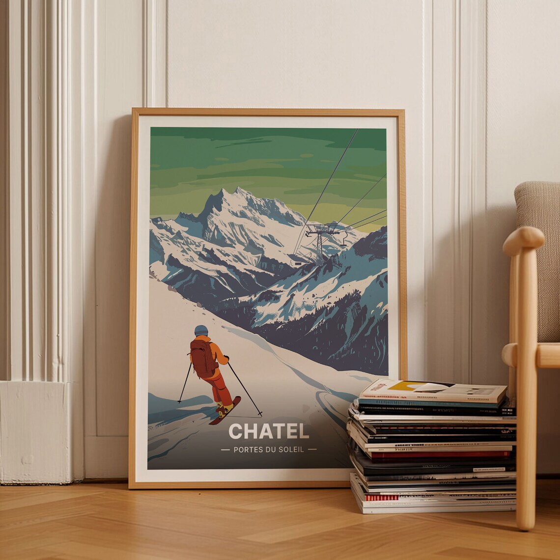French Alps Ski Resort Travel Poster, Retro Ski Decor