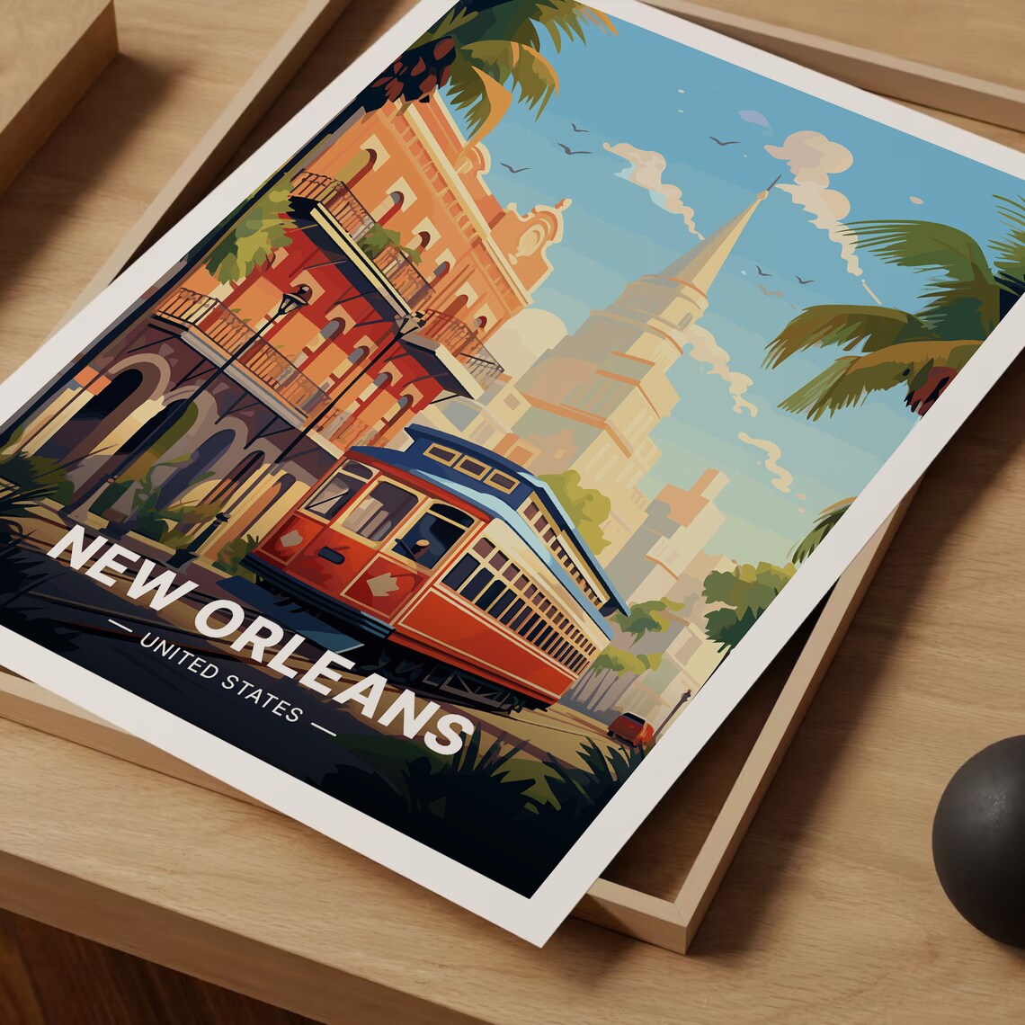New Orleans Streetcar French Quarter Balconies Retro Travel Poster - Image 3