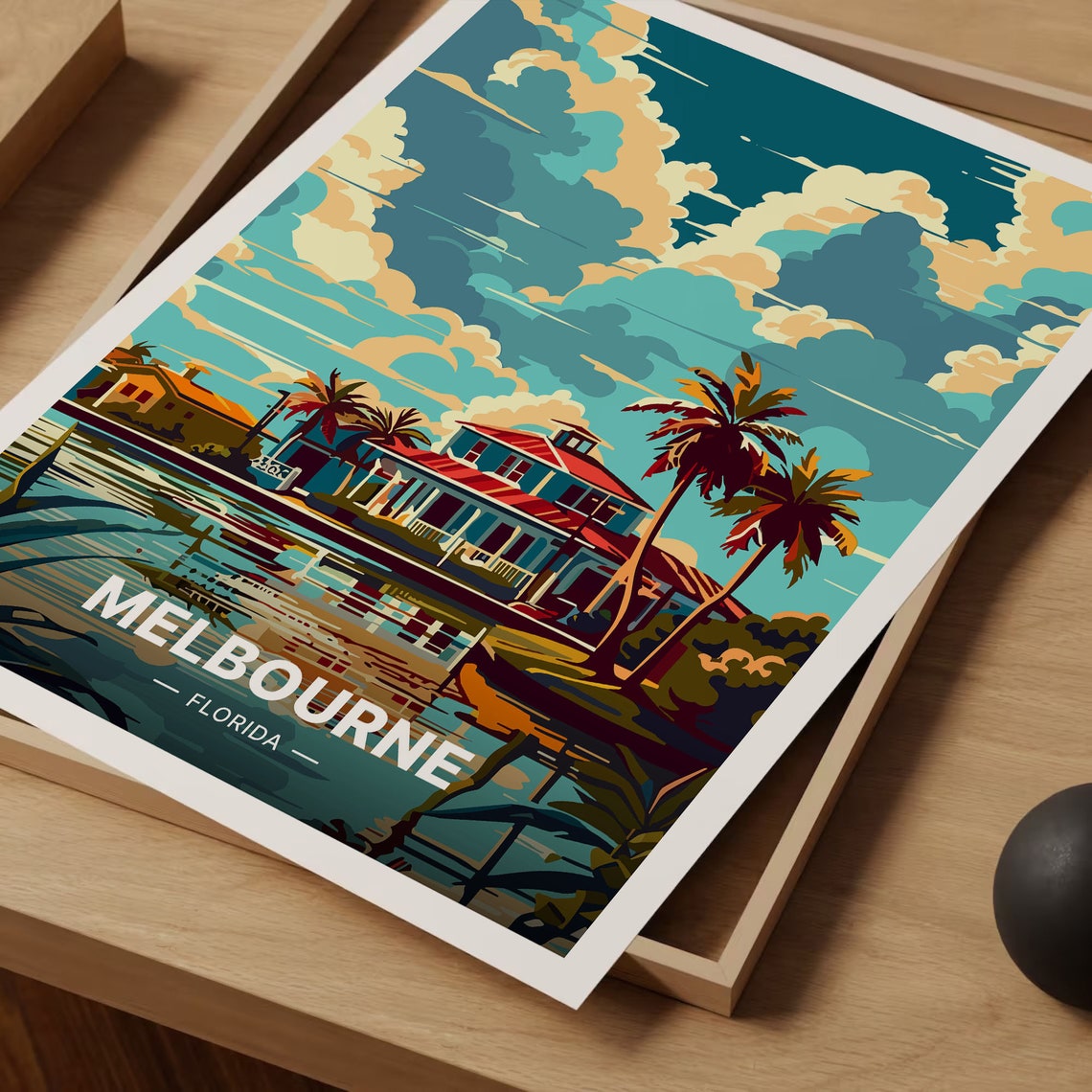 Melbourne Florida Waterfront House Palms Reflection Retro Poster - Image 3