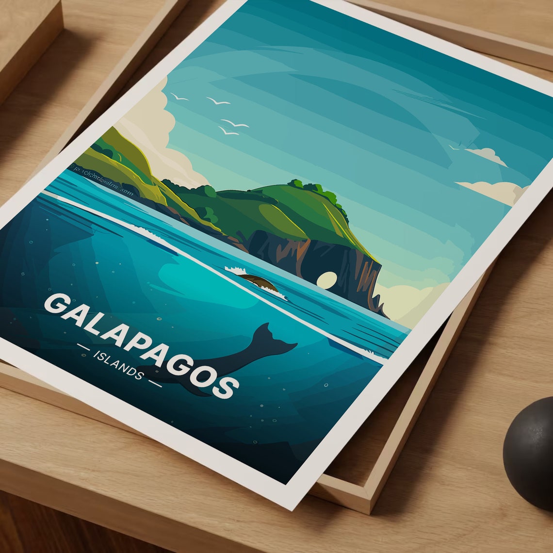 Galapagos Islands Travel Poster Whale Tail Turtle Tropical Ocean Art - Image 3