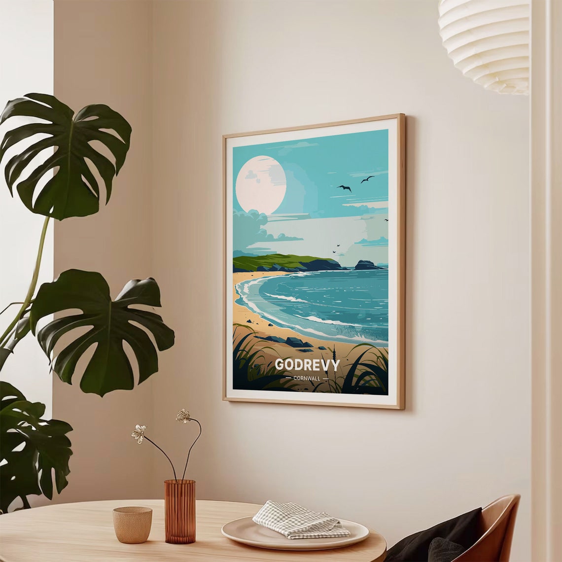 Godrevy Cornwall Moonlit Sandy Beach Waves Retro Travel Poster - Image 2