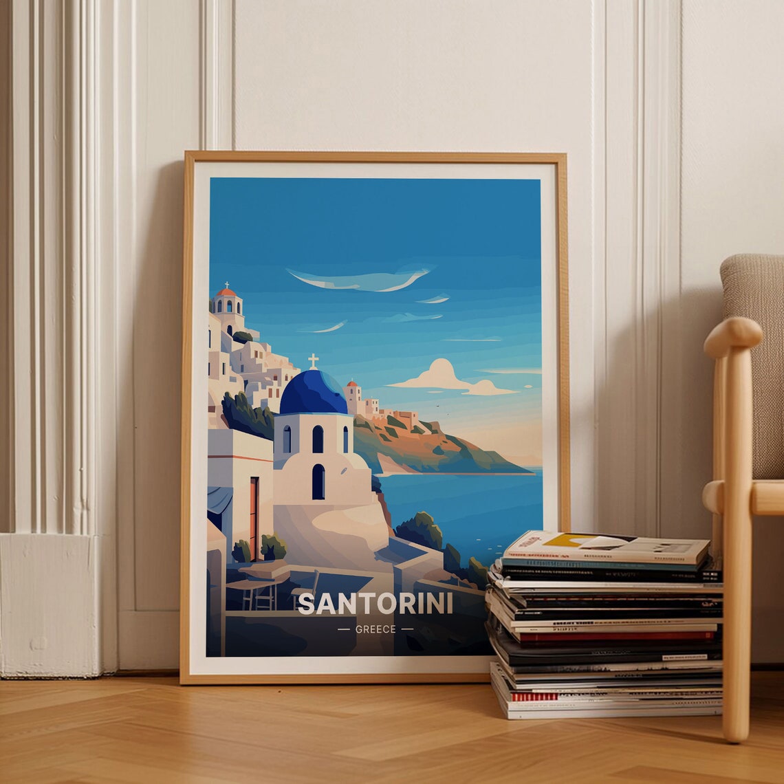 Santorini Greece Blue Dome Churches Caldera View Travel Poster